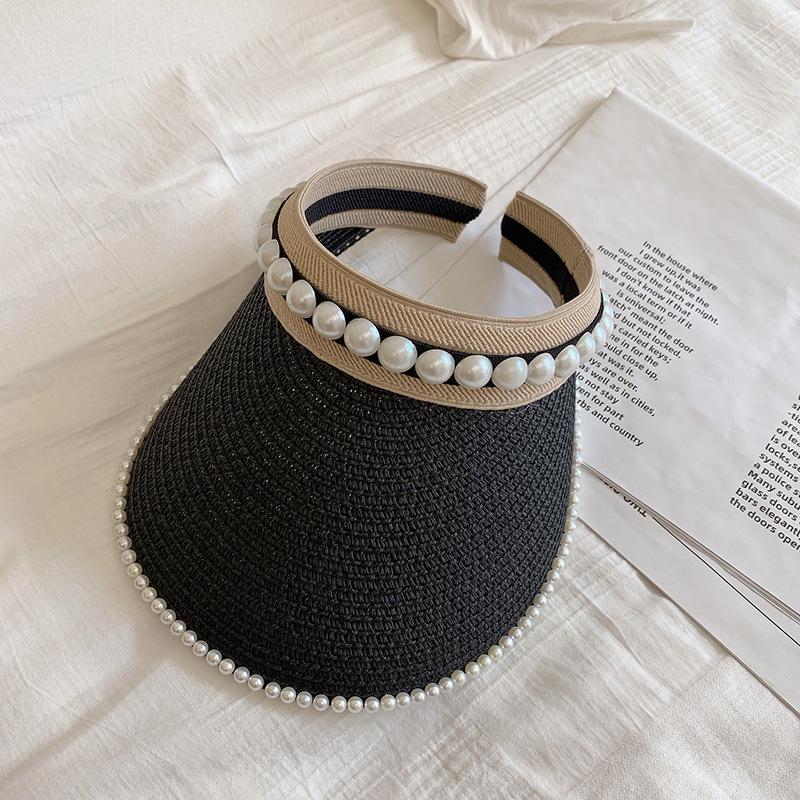 Women'S Summer New Fresh Beach Hat With Pearls Open Top Sun Hat Fashionable Raffia Straw Hat
