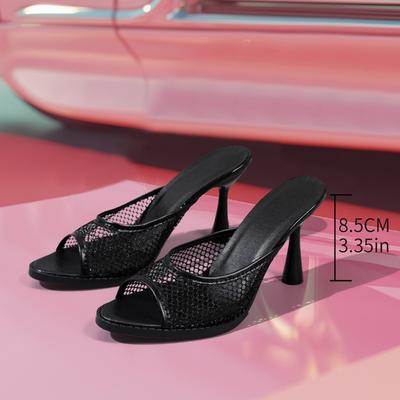 NEW Fashion Breathable Hollow Mesh Woman Slippers Sexy Square Toe Sandals Stiletto High Heels Sliders Shoes Plus Size 35-42