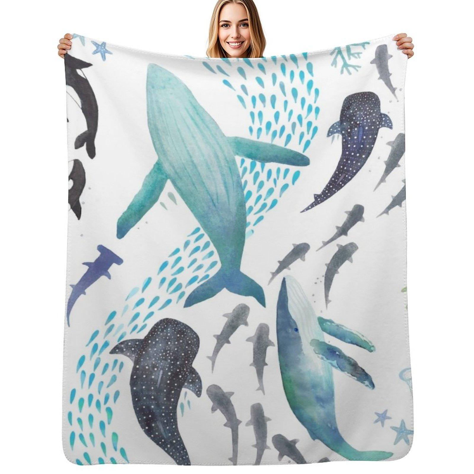 Sharks, Humpback Whales, Orcas & Turtles Ocean Play Print Throw Blanket Soft Home Decor Blanket for Couch Bedroom Size: 75*100cm, Weight: 230 GSM