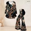 Women Plus Size Black Floral Printed V Neck Three Quarter Sleeve Flared Top Flared Pants Two Piece Set