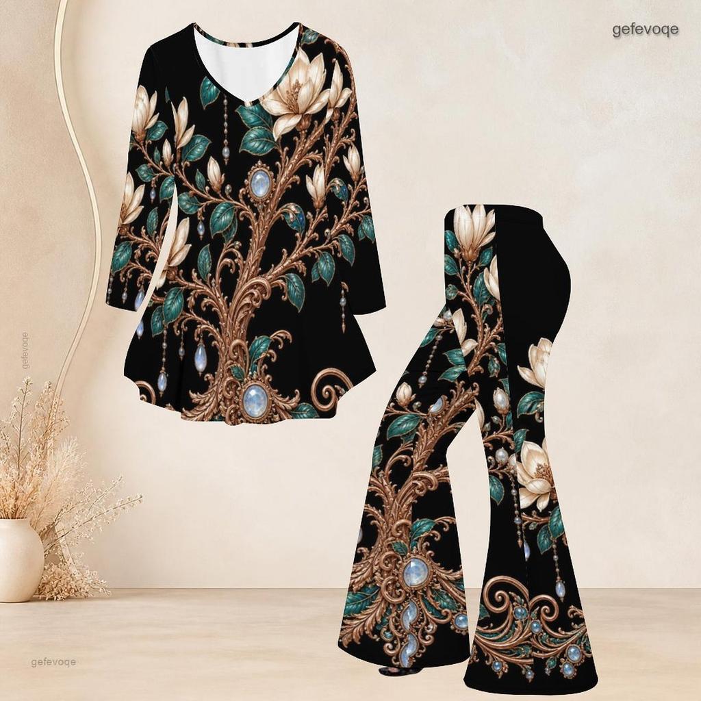 Women Plus Size Black Floral Printed V Neck Three Quarter Sleeve Flared Top Flared Pants Two Piece Set