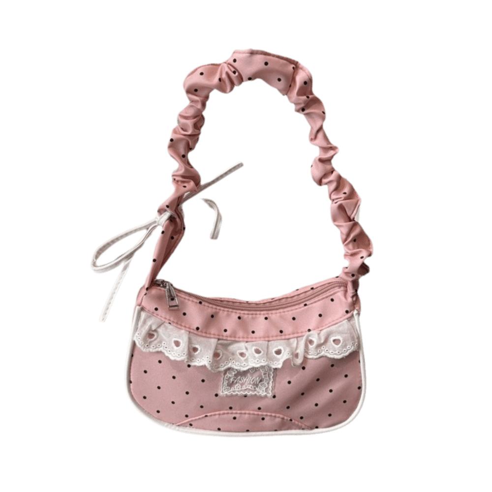 Drawstring Polka Dot Shoulder Bag Lace French Stick Handbag Fashion Pleated Underarm Bag  Commute розовый