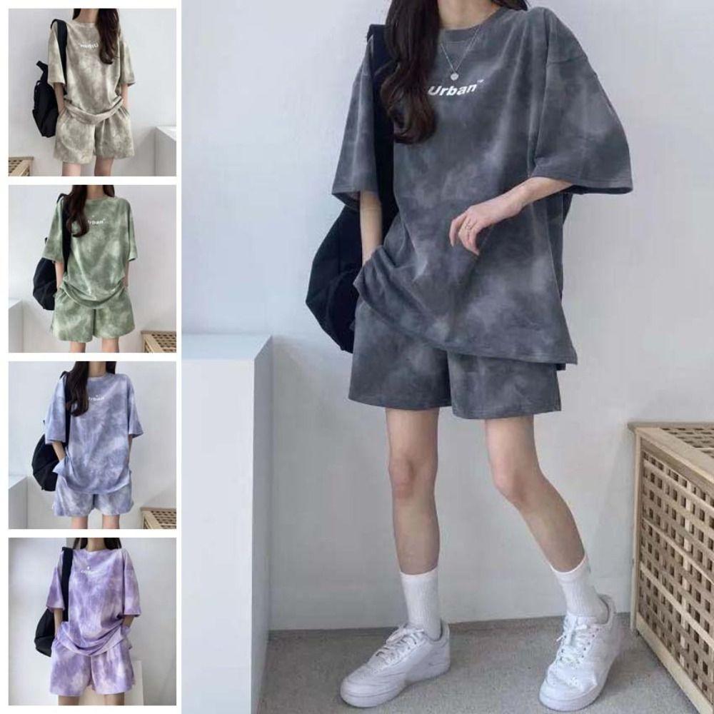 Letter Two-piece Tracksuit Large Size Summer Loose Suit Short Sleeve T-shirt Shorts  Female