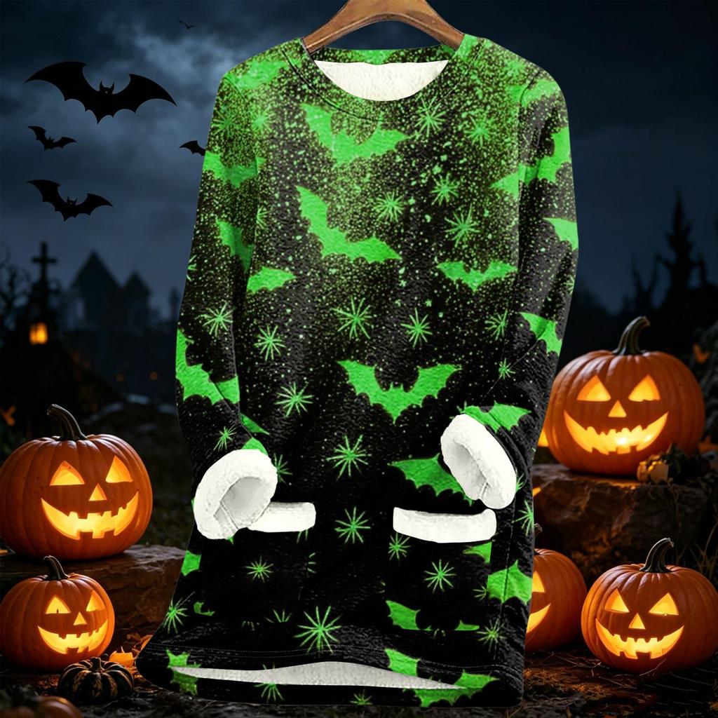 Long Sleeve Fleece Lined Pullover Sweatshirt with Halloween Print Thickened Sherpa Lining Warm Casual Loose Fit Top for Women Autumn Winter