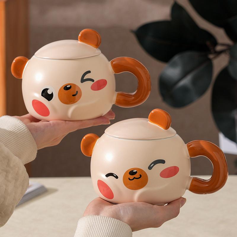 Creative Cartoon Bear Ceramic Cup With Lid Household Breakfast Children'S Couple Cup High Value Gift