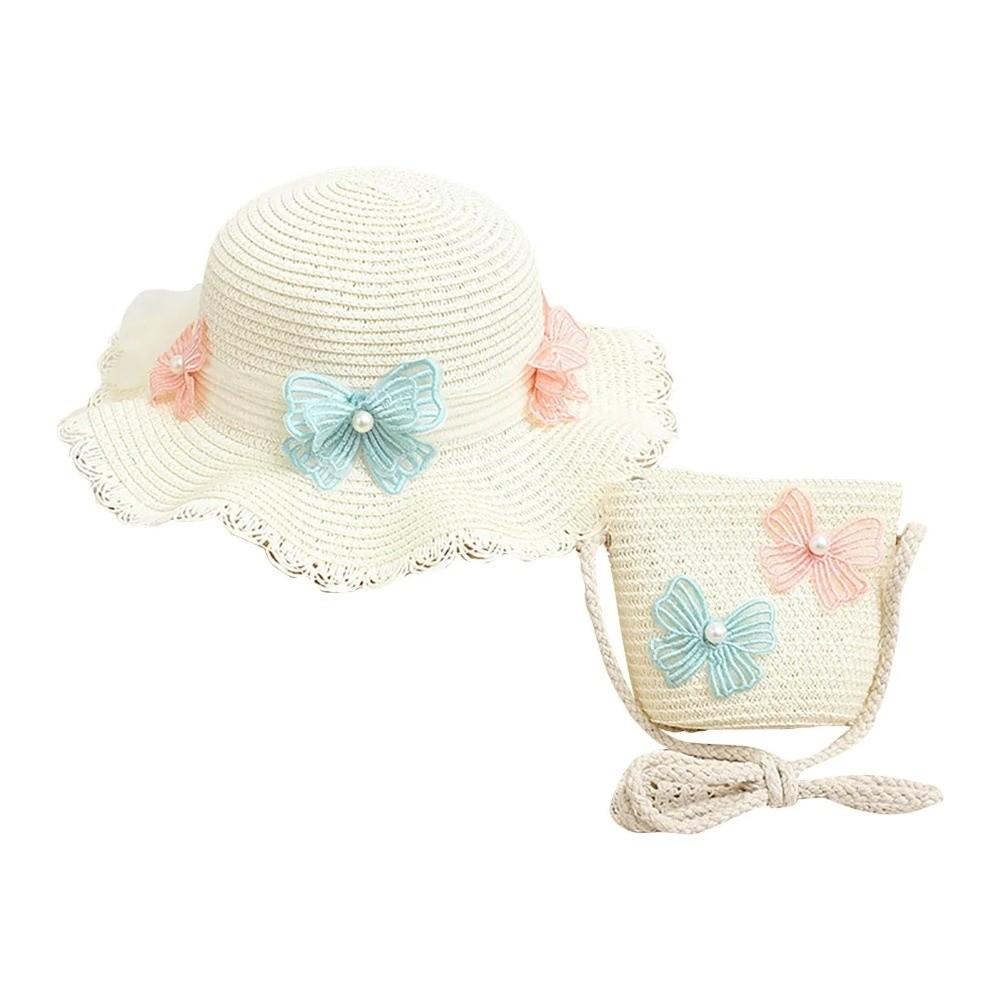Wide Brim Straw Bag Cap Set Pearl Bow Style Sun Hat Sunscreen Sunshade Hat  for 2-8 Years Kids