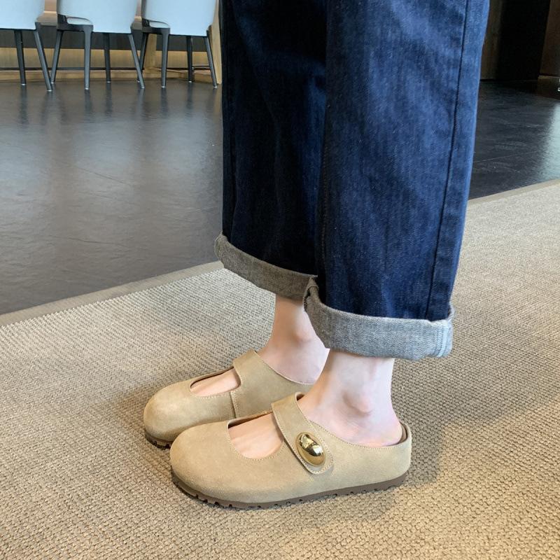 Height increase of 5cm small golden bean round head leather Mary Jane half slippers