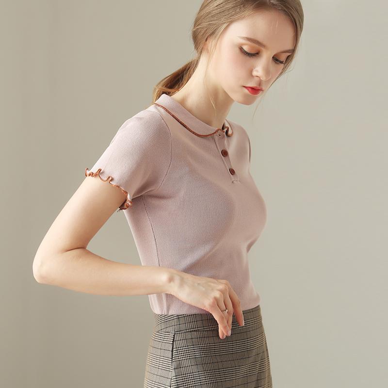 Tricou simplu cu guler polo, mânecă scurtă, culoare contrastantă, croială slim fit, tricotat din mătase de gheață, top nou cu guler pătrat pentru femei, vară