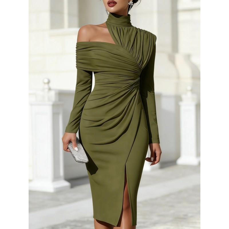 2026 Elegant Casual Split Dress Women Slim Fit Mid-Length Street Style OL Commute