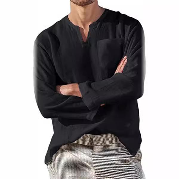 Fashion Men's Long Sleeve V-Neck Casual Beach Linen Shirt Men's Tops