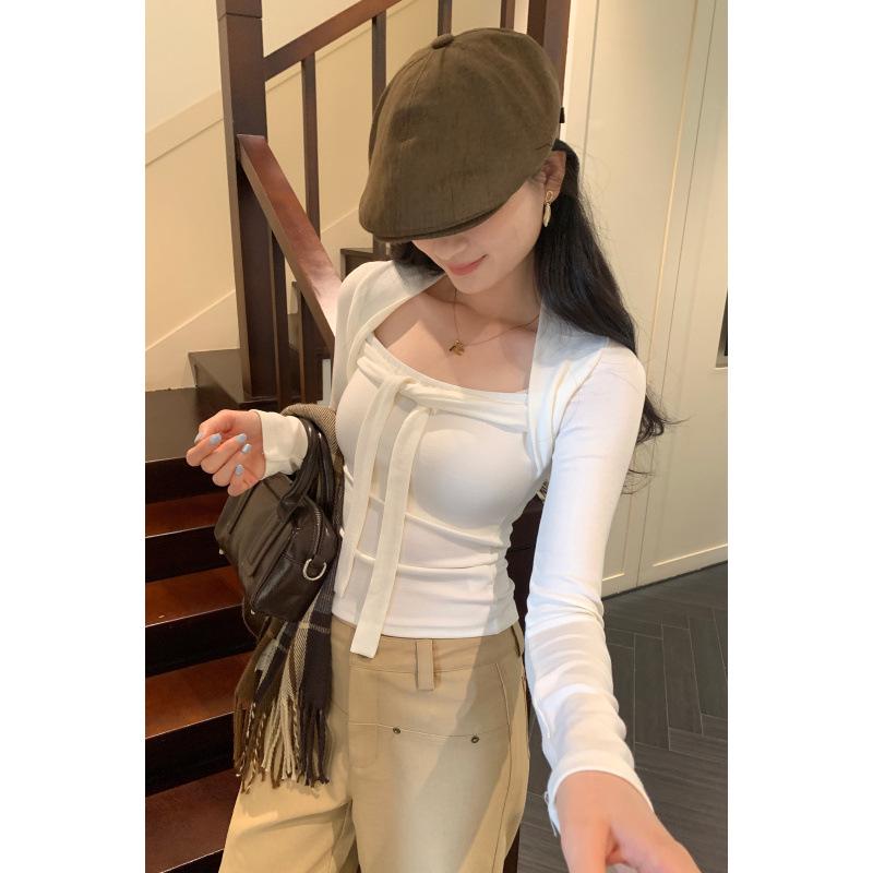 Women's Lace-Up Square Neck Slimming Crop T-Shirt for Autumn/Winter 2025