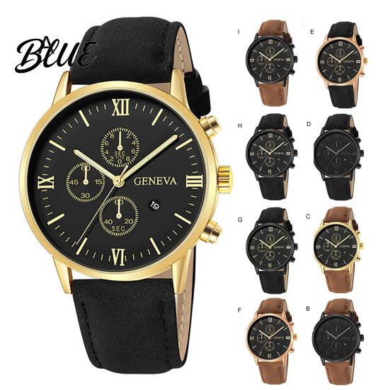 Men Wrist Watch Calendar Faux Pointer Display Dial Precise Quartz Round Shockproof Scratch-resistant Leather Strap