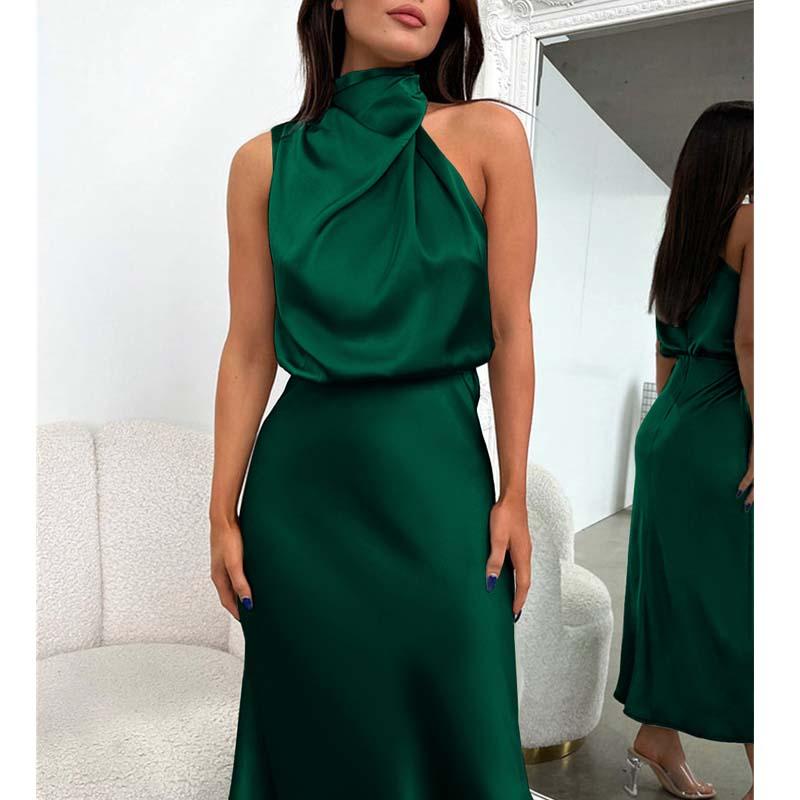 Abito da Sposa Estivo Senza Maniche con Spalle Scoperte in Seta Satinata alla Moda Abito Sexy da Damigella Elegante Abito Lungo da Sera per Feste 28057