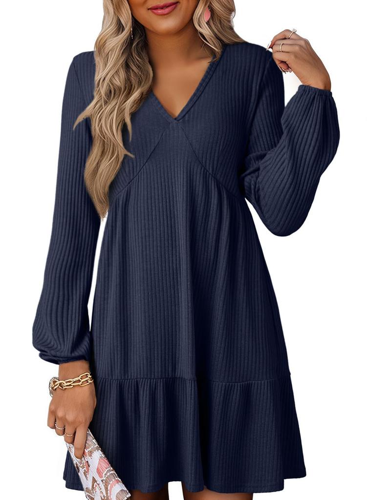 V-neck spring and autumn design sense fashion casual dress women's long-sleeved niche elegant line dress