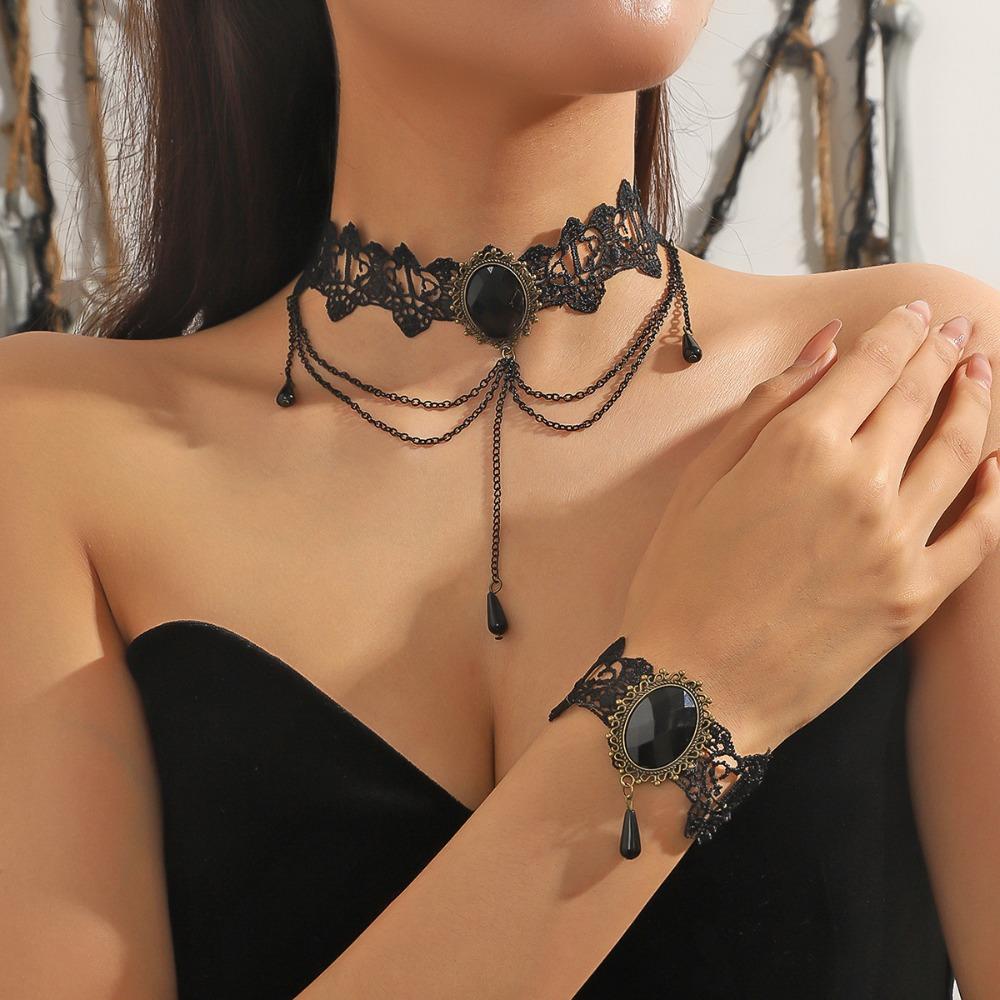 Bracelet Halloween Necklace Exaggerated Gothic Earrings Lace Flower Jewelry Set Halloween Costume