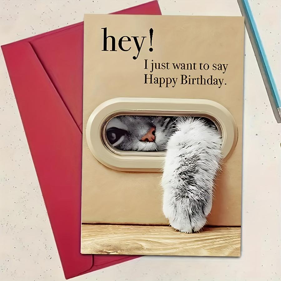 1pc Unique Cat Peeking Through Door Window Birthday Card - "Hey! I Just Want To Say Happy Birthday" Humorous Greeting Card