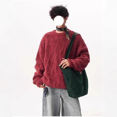 Unisex Retro Heavyweight Textured Knit Crew Neck Sweater - Autumn/Winter Loose Fit Pullover
