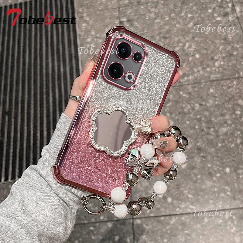 Glitter Shockproof Plating Flower Mirror Bracelet Case for OPPO Reno 13 13F 14 14F 12 12F 11 11F 10 Pro Plus Silicone Cover