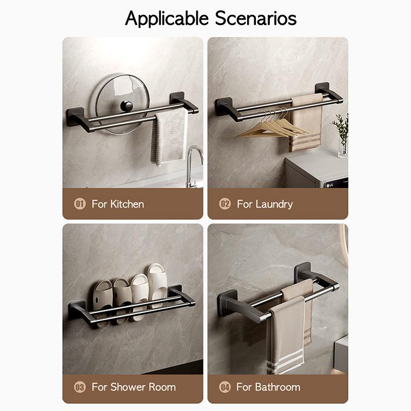 Self-Adhesive Bathroom Towel Rack Without Drilling Screws Hole Black Bath Hand Towel Hanger 2 Bar Gray Towel Double Hanging Rod