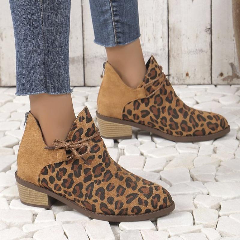 Large size leopard print low heel pointed short boots women's autumn and winter new one-pedal Martin boots