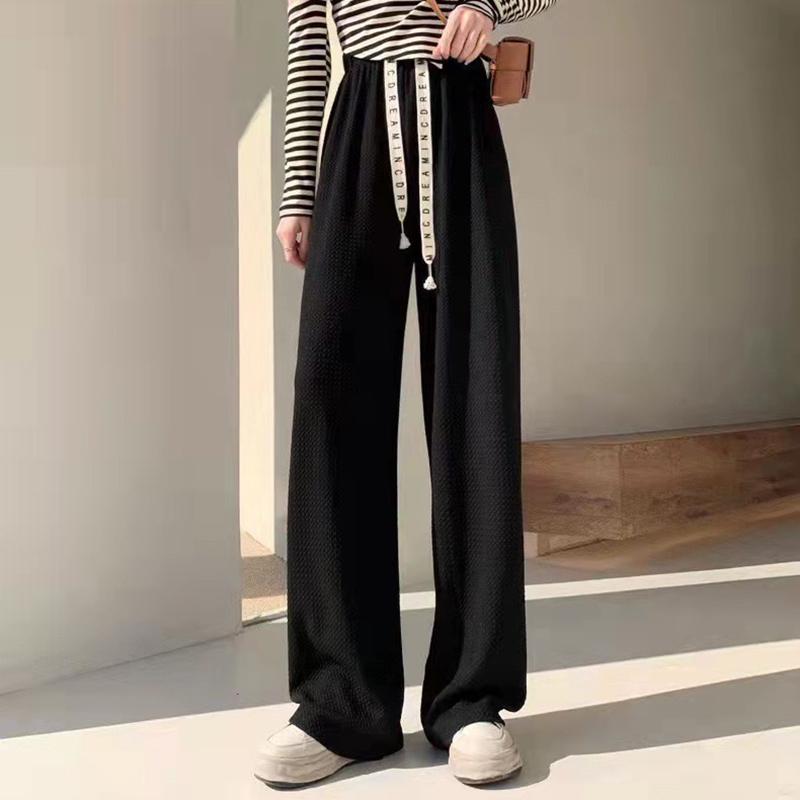 Jarní Letní Stahovací Ledové Hedvábné Kalhoty s Širokými Nohavicemi pro Ženy Vysoký Pas Volné Rovné Módní Kalhoty
