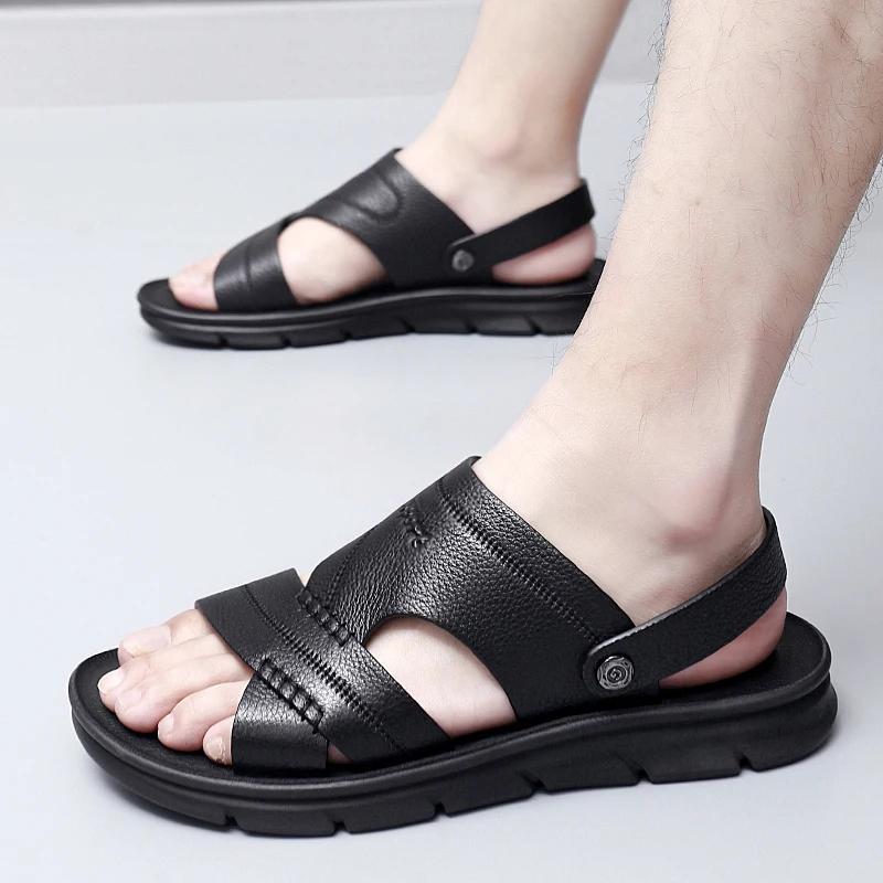 

Модные мужские пляжные сандалии с открытым носком, высококачественные нескользящие мужские тапочки, дышащая мужская обувь двойного назначения, мужская летняя обувь для отдыха на открытом воздухе 6.5 чёрный