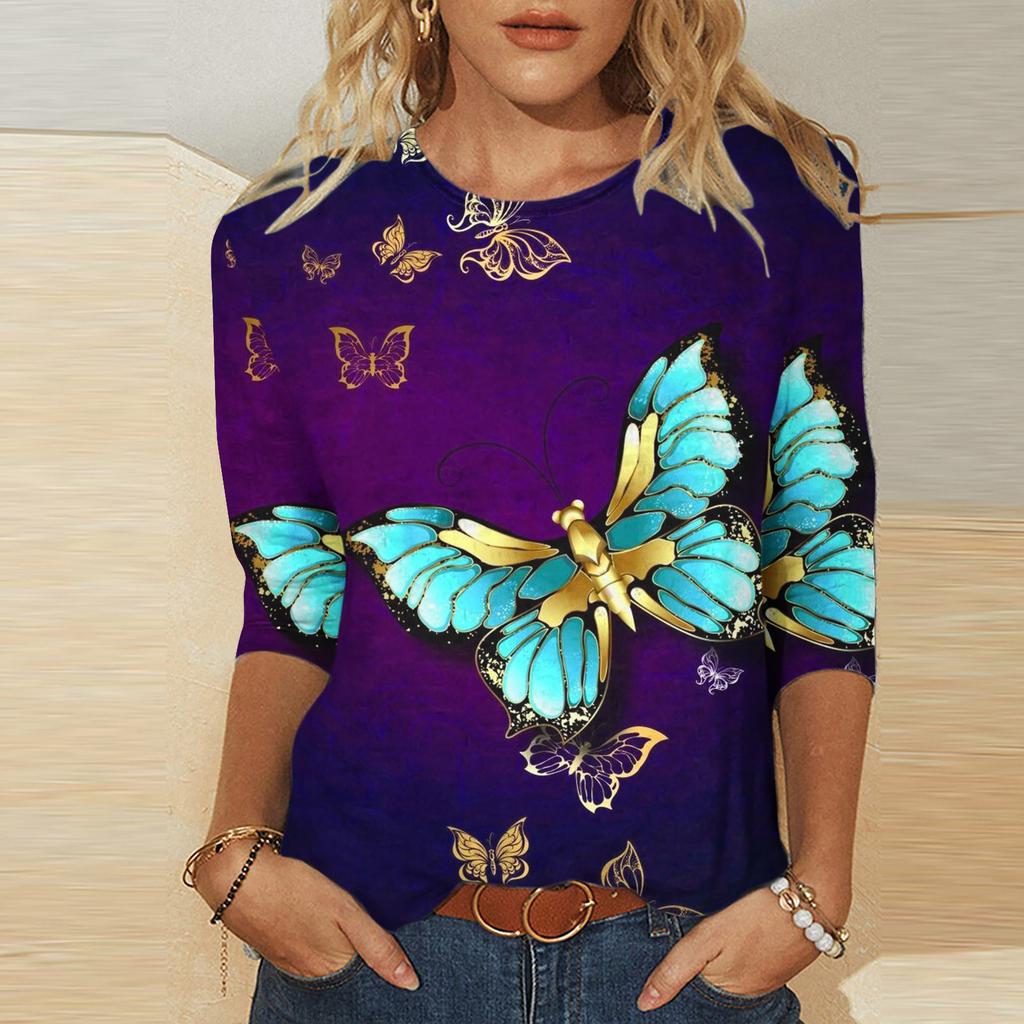 Rundhals 3D Retro bedrucktes Top Modische lässige langärmlige Damen-T-Shirts