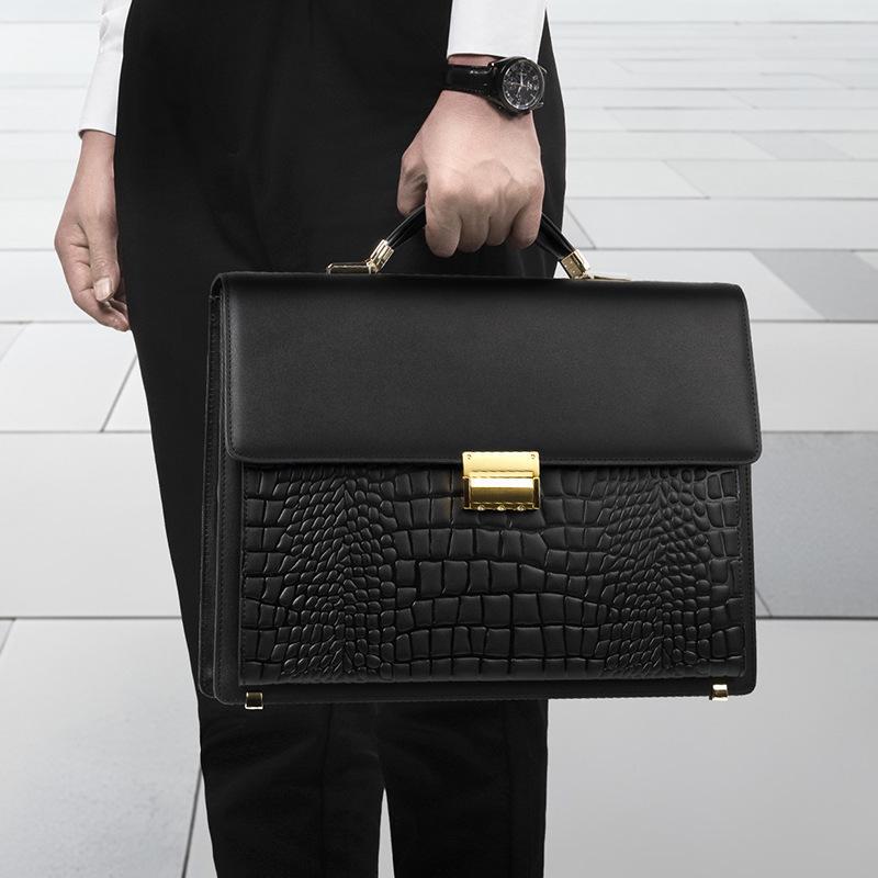 Genuine Leather Men's Business Briefcase, Anti-Theft Lock, Versatile Cowhide Computer and Handbag