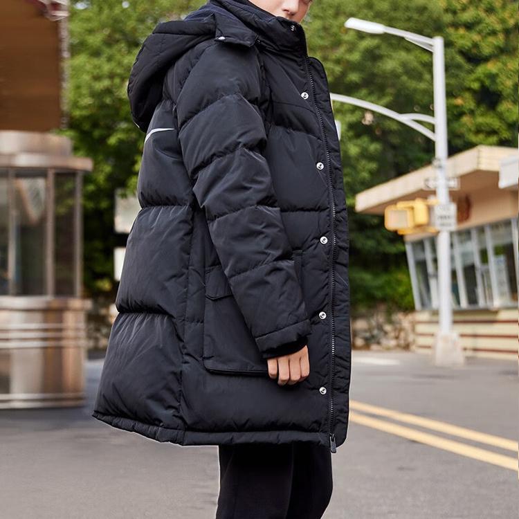 Nike Down Jacket Logo Print Warm Mid-Length Zipper Hooded Coat Kids Outerwear Black NY2042166GS-001-F01