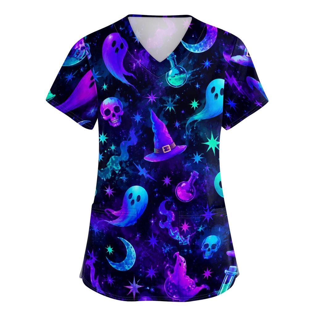 Women V Neck Halloween Print Short Sleeve Medical Scrub Top with Pocket Side Slit Design Comfortable Fit Workwear
