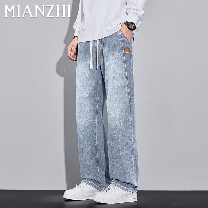 Men s Summer American Loose Straight Wide-Leg Denim Jeans 3XL светло-синий