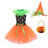 Girls Halloween Witch Costume Dress Set with Tulle Skirt Pumpkin Waist Decoration and Matching Witch Hat and Pumpkin Basket for Party and Performance