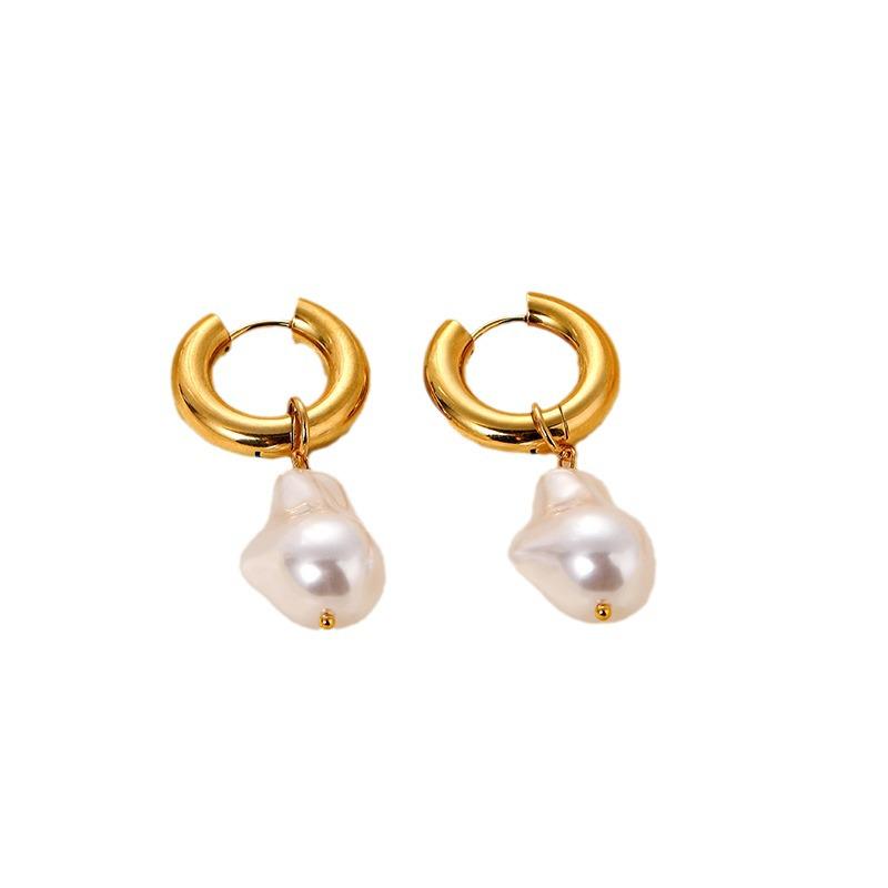 Baroque Pearl Metal Ear Cuffs: Women's European & American Vintage Style Titanium Steel Long Earrings