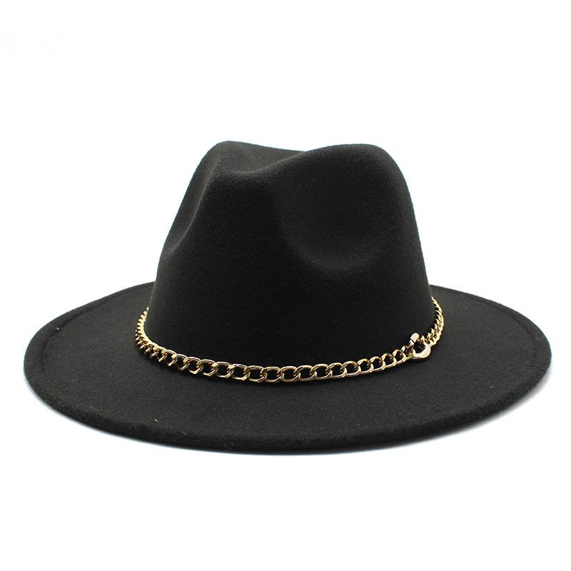 2021 Season Big Eaves Hat Flat Edge Top Hat Men'S And Women'S Chain Woolen Jazz Hat