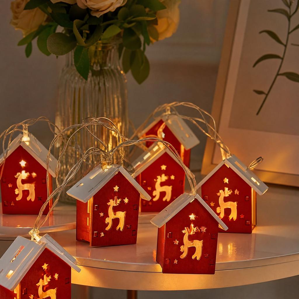 Wooden Christmas Decoration with Tree, Deer and Red House Design, Festive Tabletop Decorative Light