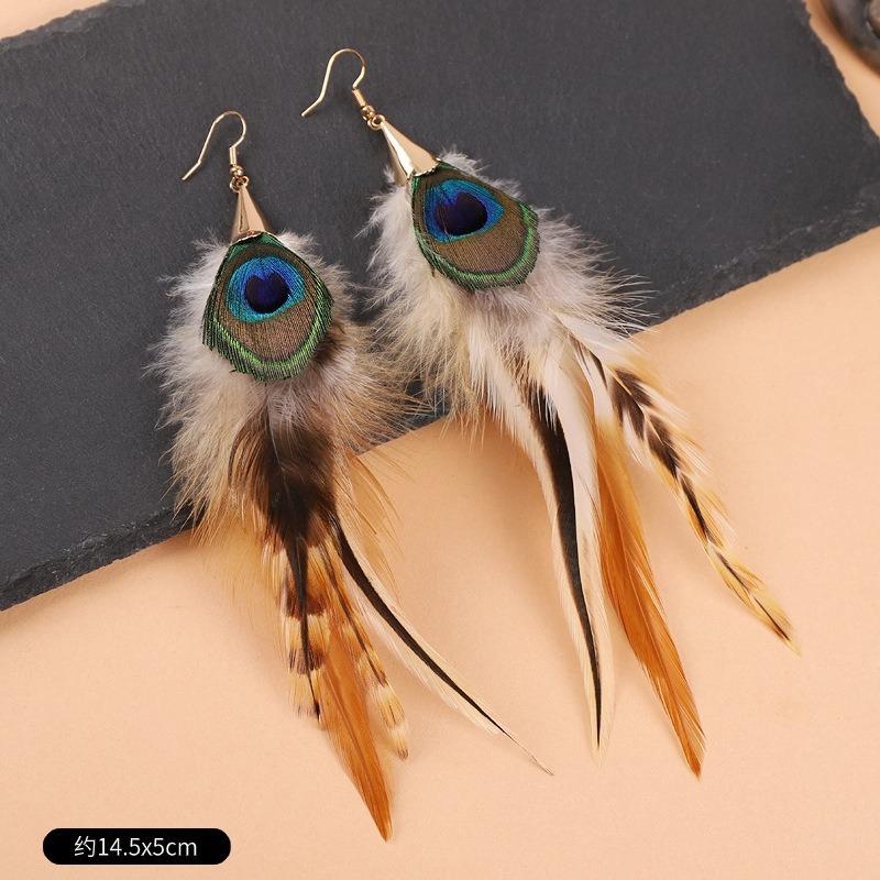 Exaggerated personality long feather earrings women's bohemian temperament retro vacation fringed earrings