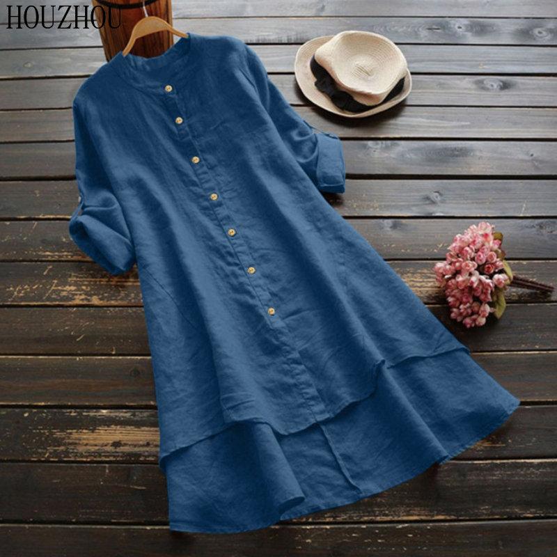 HOUZHOU Solid Cotton Linen Shirt Women Button Round Neck Long Sleeve Shirt Elegant Basic Office Ladies