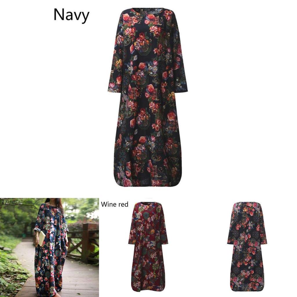 Women Vintage Casual Floral Printed Loose Dress Kaftan Long Maxi Shirt With Timeless Design
