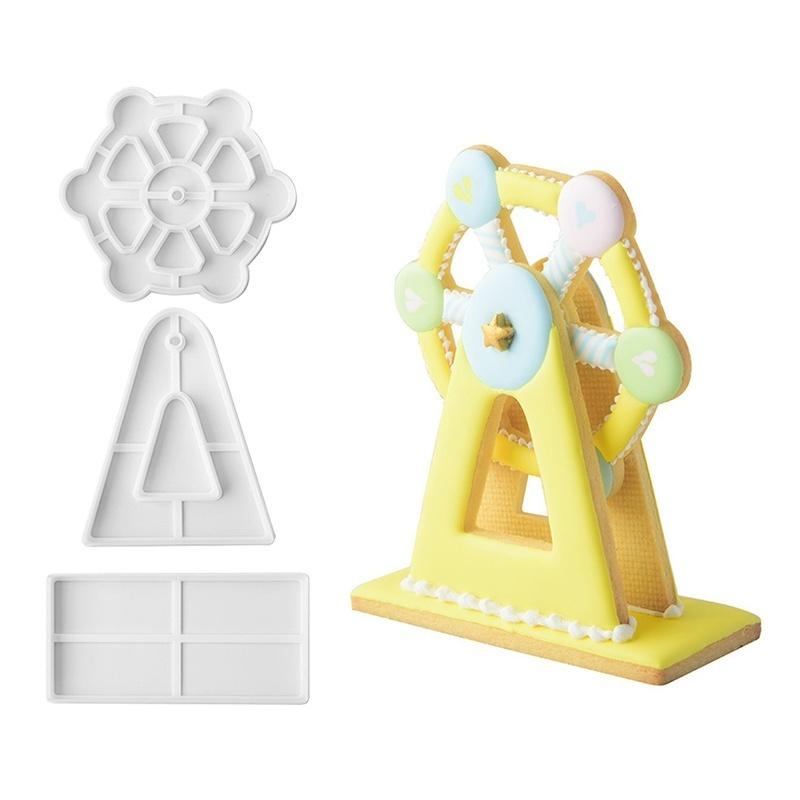 3Pcs Ferris Wheel Frosting Biscuit Mold Kitchen Baking 3D Cartoon Biscuit Cutting Embossing Mold DIY Sugar Cake Shaping Tool