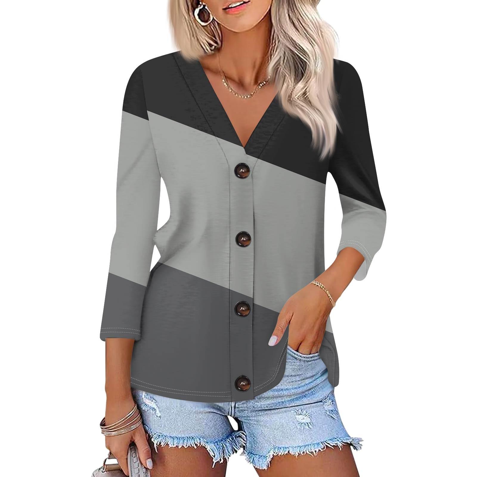 

Women s Fashion Casual Striped Geometric Print Button-Down Shirt Three-quarter Sleeve Cardigan Top XXL