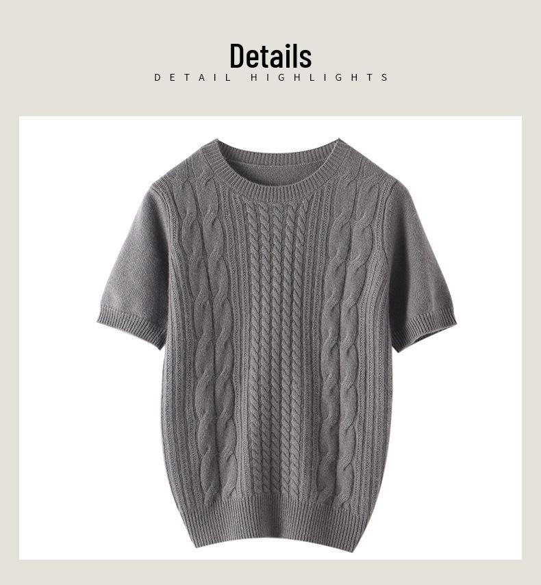 Women's Cashmere Round Neck Cable Knit Short Sleeve Loose Sweater for Autumn/Winter
