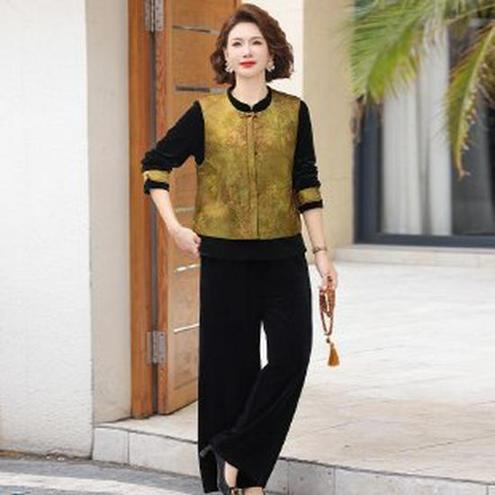 

Mom s 2026 Wide-leg Pants & Chinese National Style Top: Spring/Autumn Three-piece Set for Middle-aged and Elderly Women 2XL жёлтый