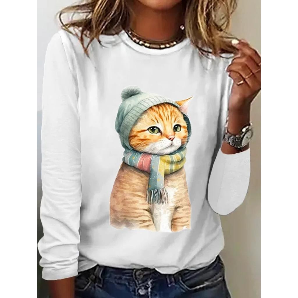 Rundhals 3D-bedrucktes Katzenmuster Top Modische Lässige Langarm Damen T-Shirts