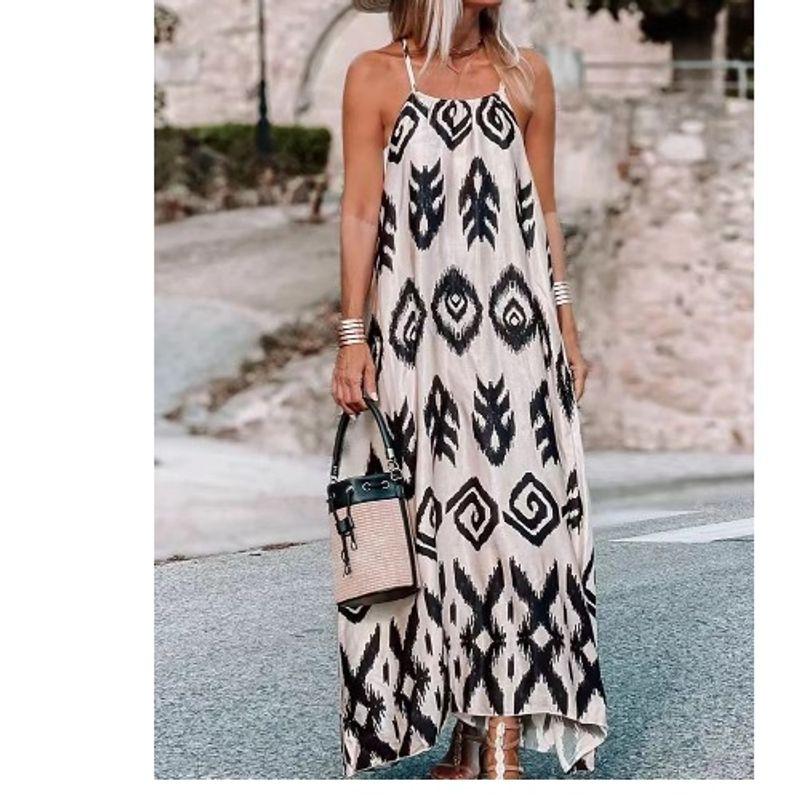 

Cross-Border Fashion Summer New off-Shoulder Sexy Print Loose Fashion Sleeveless Sling Mid-Length Dress Image color XL