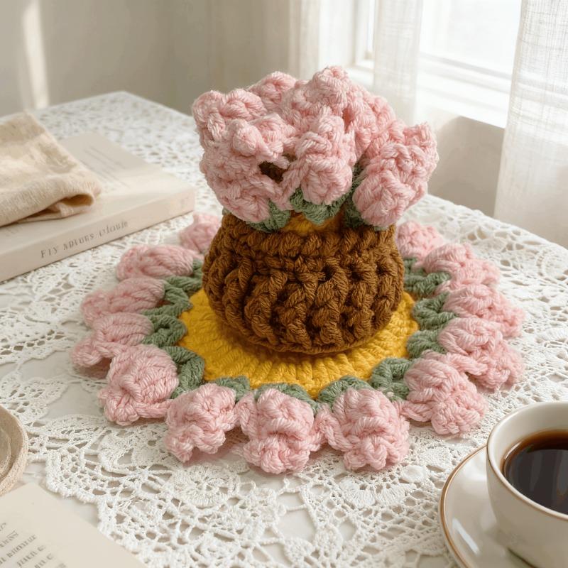 Sottobicchiere Fatto a Mano a Forma di Rosa Lavorato a Maglia, Sottobicchiere Floreale Carino, Fioriera all'Uncinetto, Decorazione in Tessuto Stile Bohémien, Decorazione da Tavola, Sottobicchiere Durevole