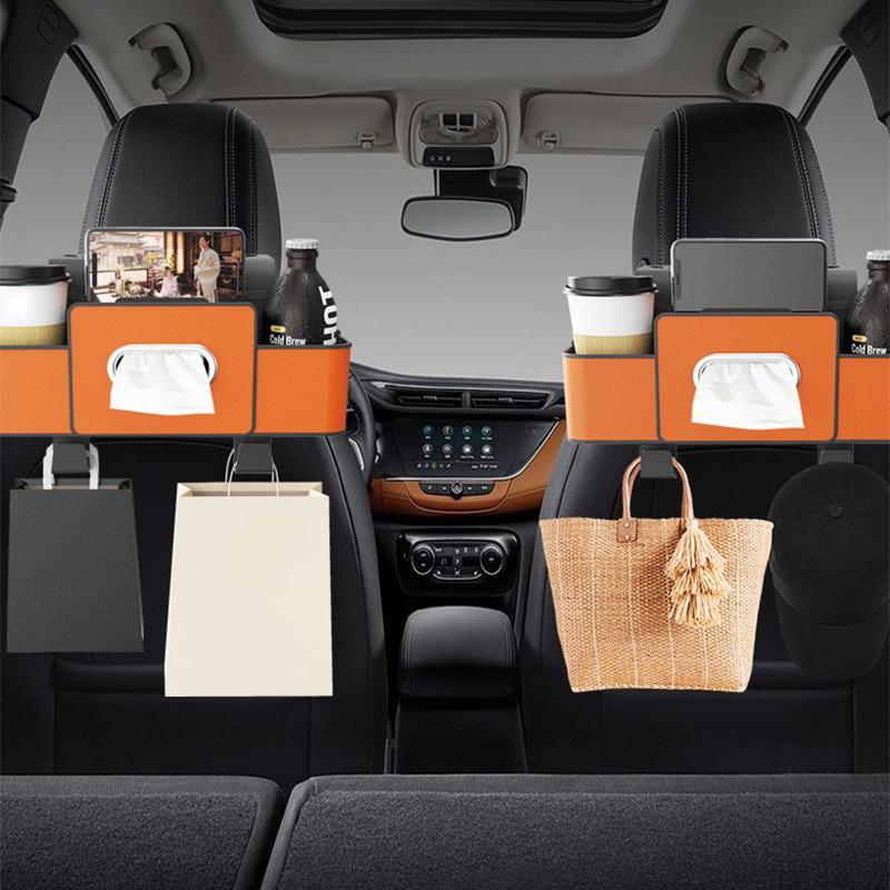 Organizer na tylne siedzenie samochodu, schowek na oparcie siedzenia samochodu z pudełkiem na chusteczki, 2 uchwyty na kubki, haczyki na zagłówki, niezbędne rzeczy w samochodzie, wielofunkcyjny organizer samochodowy