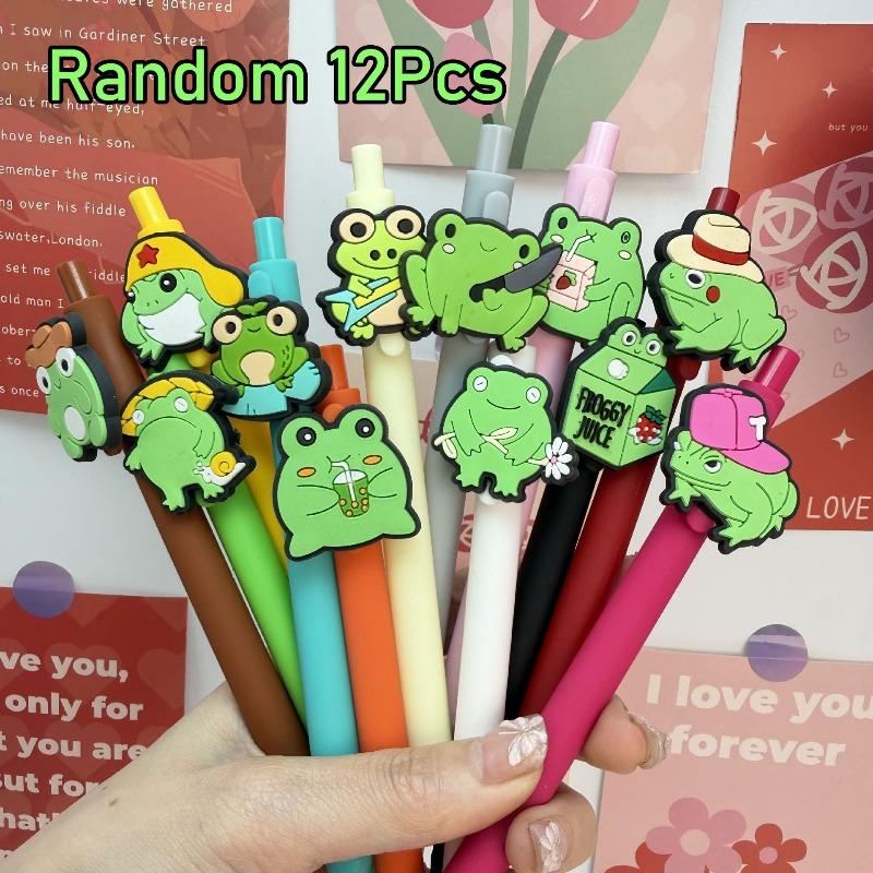 12Pcs Creative Simple Frog Family Theme Scalable Ballpoint Pen, Campus Design, Green Little Frog Series Random style 12Pcs
