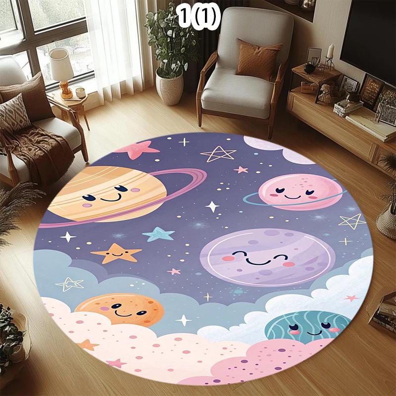 

Cute Star Print Round Rug Playful Star Planet Pattern Carpet Soft Non-Slip Floor Mat for Kids Room Living Room Floor Decor 100cm