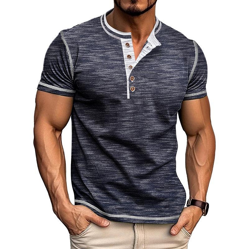 Sommer Herren Henley Kragen T-Shirts Mode Patchwork Kurzarm Lässige Tees Tops Herren