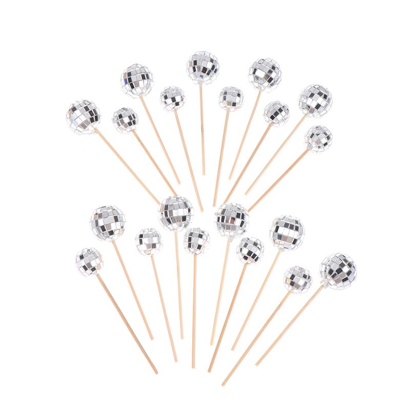 10Pcs 2/3Cm Shiny Mirror Balls Cake Topper Cupcake Toppers With Wooden Sticks Birthday Wedding Dance Party Cake Decoration
